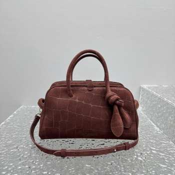Uubags Jacquemus La Croisiere Small soft crocodile embossed suede bowling bag in dark brown 26x16x11cm