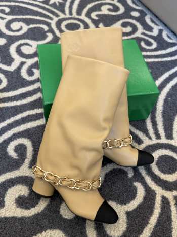 Uubags Chanel High Boots Sheepskin & Grosgrain In Beige/ Black 5cm
