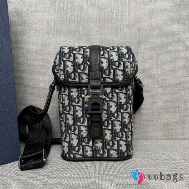 Uubags Mini Dior Hit the Road Vertical Messenger Bag with Flap Beige Dior Oblique Jacquard Black Grained Calfskin - 1