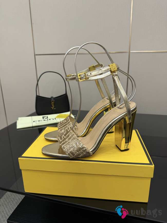 Uubags Fendi Gold Delfina FF Sequin Sandals 10cm - 1