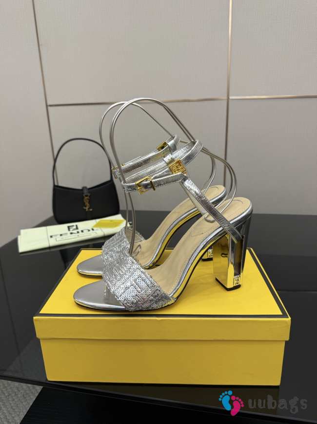 Uubags Fendi Silver Delfina FF Sequin Sandals 10cm - 1