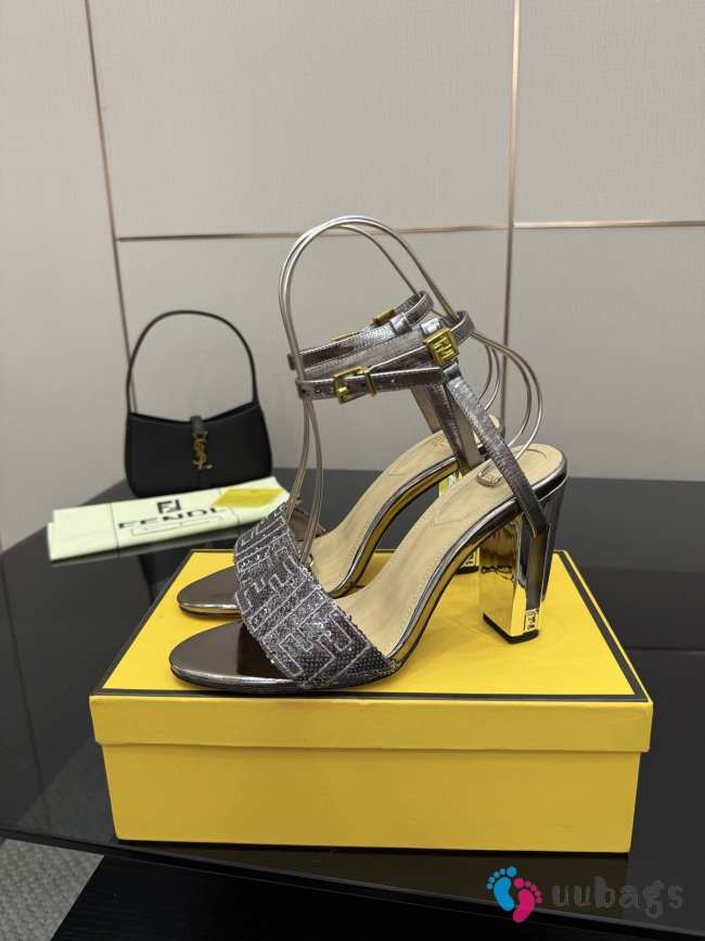 Uubags Fendi Metallic Silver Delfina FF Sequin Sandals 10cm - 1