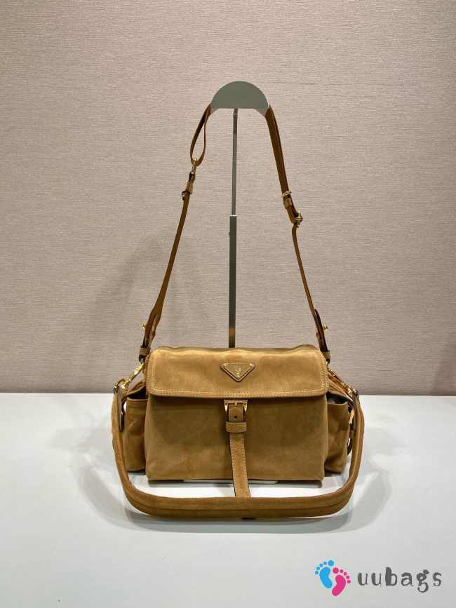 Uubags Prada 1BD394 Explore medium suede bag with flap in light brown 30x14x10cm - 1