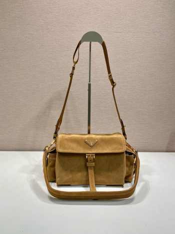 Uubags Prada 1BD394 Explore medium suede bag with flap in light brown 30x14x10cm