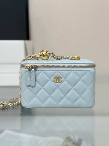 Uubags Chanel Classic Vanity Case Granied Calfskin & Gold-Tone Metal Light Blue 17x9.5x8cm