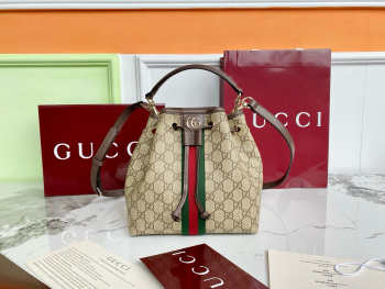 Uubags Gucci Ophidia small bucket bag beige and dark brown GG Monogram coated fabric 21x21.5x13cm