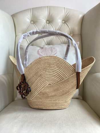 Uubags Loewe Petal Basket Bag In Raffia And Calfskin 24.5x48x13cm