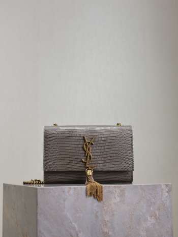 Uubags YSL Grey Kate Small Classic Tassel Clutch in Crocodile Embossed Bag 20x13.5x5.5cm