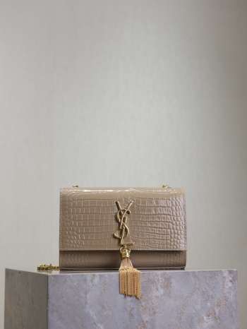Uubags YSL Beige Kate Small Classic Tassel Clutch in Crocodile Embossed Bag 20x13.5x5.5cm