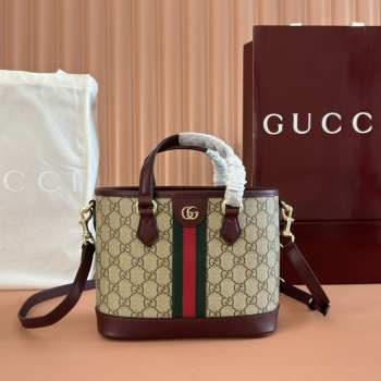 Uubags Gucci Ophidia small tote bag beige GG Monogram coated fabric rosso ancora red 22.5x17x11cm