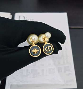 Dior Tribales Earrings Gold-Finish Metal with White Resin Pearls and Navy Blue Transparent Resin