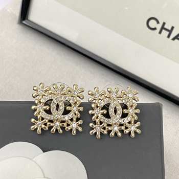 Uubags Chanel Metal Square Snowflake Hollow Double C Earrings Gold Color