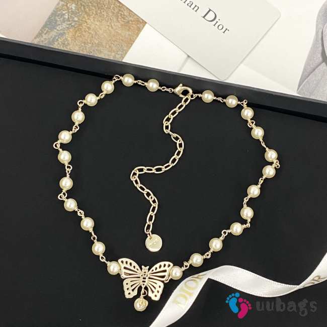 Uubags Dior Toile de Jouy Papillon Necklace Matte Gold-Finish Metal and White Resin Pearls - 1