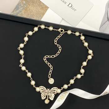 Uubags Dior Toile de Jouy Papillon Necklace Matte Gold-Finish Metal and White Resin Pearls