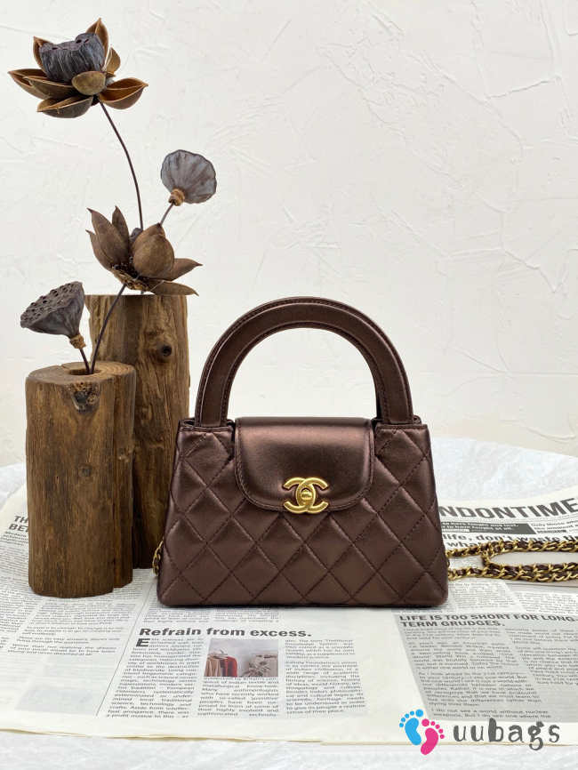 Uubags Chanel Nano Kelly Shopper Metallic Dark Brown Calfskin Brushed Gold Hardware 19x7x12cm - 1