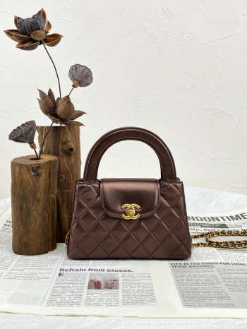 Uubags Chanel Nano Kelly Shopper Metallic Dark Brown Calfskin Brushed Gold Hardware 19x7x12cm