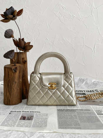 Uubags Chanel Nano Kelly Shopper Metallic Silver Calfskin Brushed Gold Hardware 19x7x12cm