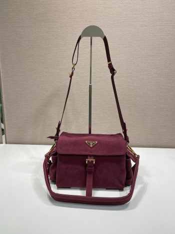 Uubags Prada Explore medium suede bag with flap in burgundy 30x14x10cm
