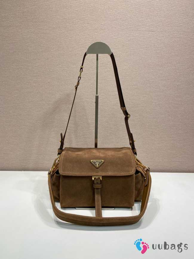 Uubags Prada Explore medium suede shoulder bag with flap in cocoa brown 30x14x10cm - 1