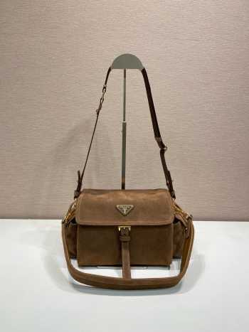 Uubags Prada Explore medium suede shoulder bag with flap in cocoa brown 30x14x10cm