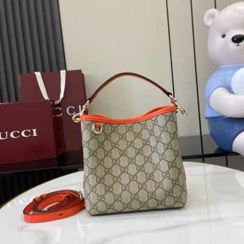 Uubags Gucci Emblem mini bucket orange and dark brown new GG monogram coated fabric bag 19x18x11cm