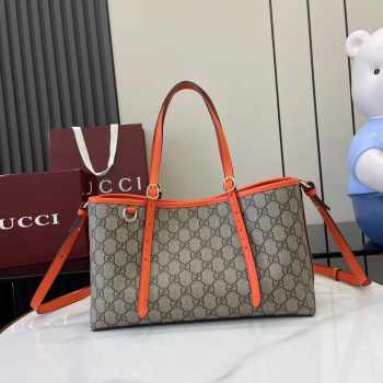Uubags Gucci Emblem medium tote bag orange and dark brown GG monogram coated fabric 30x18x11cm
