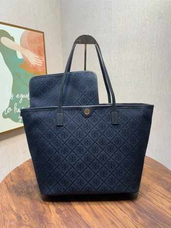 Uubags Tory Burch T Monogram Small Zip Tote Bag In Navy Blue 23.5x35.5x12.8cm