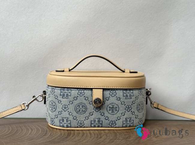 Uubags Tory Burch T Monogram Denim Vanity Case Powder Blue 18.5x9.7x9.3cm - 1