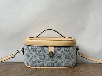Uubags Tory Burch T Monogram Denim Vanity Case Powder Blue 18.5x9.7x9.3cm