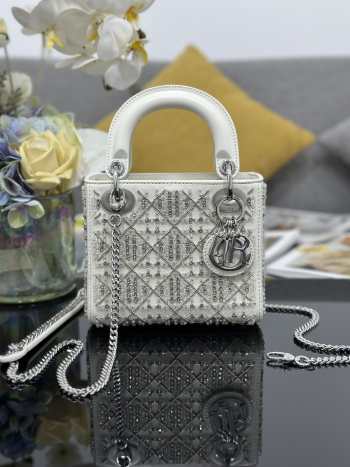 Uubags Mini Lady Dior Bag Latte Calfskin Embroidered with Cannage Motif in Multicolor Beads and Strass 17x15x7cm