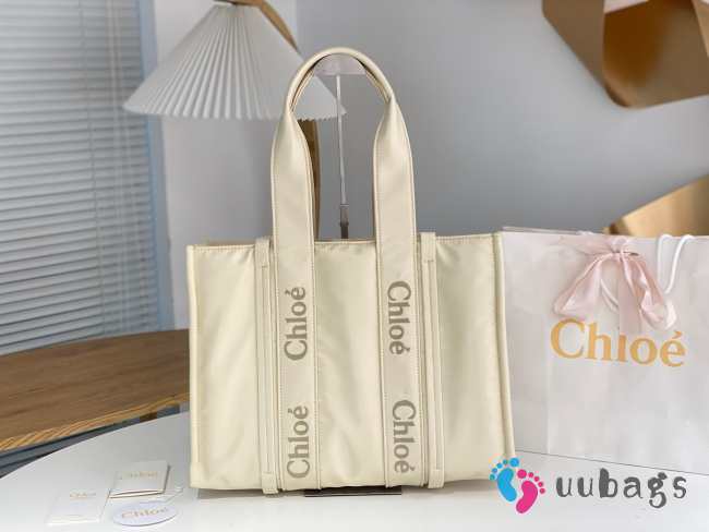 Uubags Chloe Woody Small Nylon Tote Bag In Cream 26.5x20x8cm - 1
