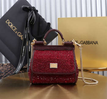 Uubags Dolce & Gabbana small Sicily satin bag with embedded rhinestones in burgundy 14x16x6cm