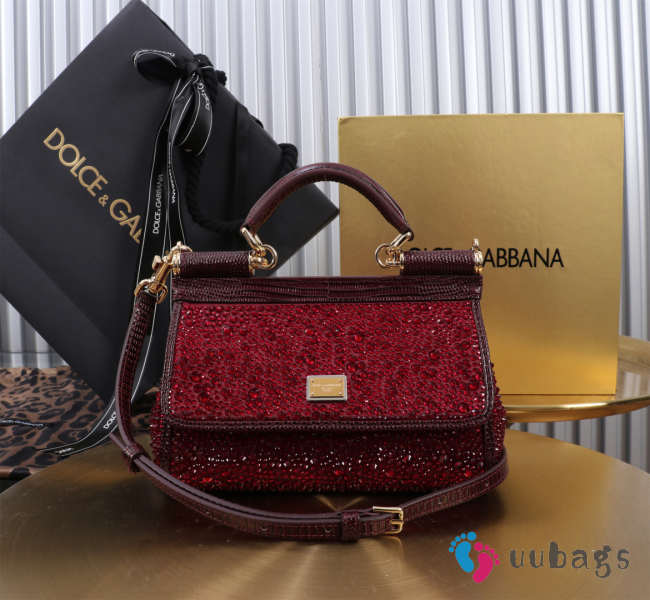 Uubags Dolce & Gabbana small Sicily satin bag with embedded rhinestones in burgundy 11x18x6cm - 1