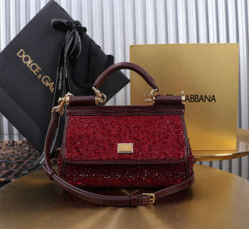 Uubags Dolce & Gabbana small Sicily satin bag with embedded rhinestones in burgundy 11x18x6cm