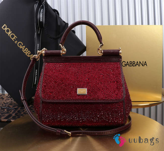 Uubags Dolce & Gabbana Sicily satin bag with embedded rhinestones in burgundy 20x16x8cm - 1