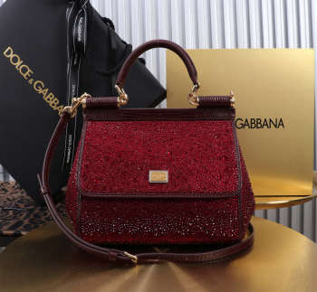 Uubags Dolce & Gabbana Sicily satin bag with embedded rhinestones in burgundy 20x16x8cm
