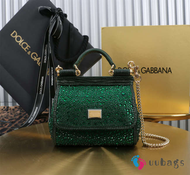 Uubags Dolce & Gabbana small Sicily satin bag with embedded rhinestones in green 14x16x6cm - 1