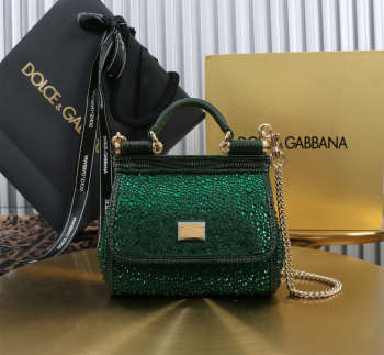 Uubags Dolce & Gabbana small Sicily satin bag with embedded rhinestones in green 14x16x6cm