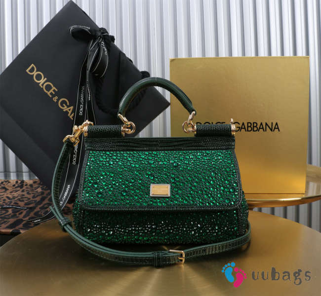 Uubags Dolce & Gabbana small Sicily satin bag with embedded rhinestones in green 11x18x6cm - 1