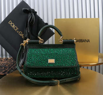 Uubags Dolce & Gabbana small Sicily satin bag with embedded rhinestones in green 11x18x6cm