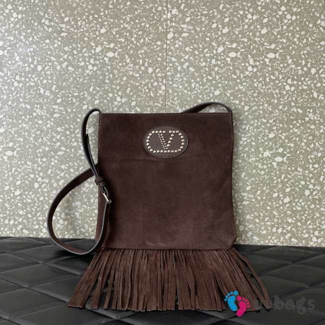 Uubags Valentino Garavani Nellcote Brown Suede Shoulder Bag With Fringes 30x31x3cm - 1