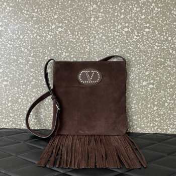 Uubags Valentino Garavani Nellcote Brown Suede Shoulder Bag With Fringes 30x31x3cm
