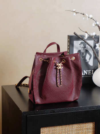 Uubags Chanel 25 Medium Backpack Grained Calfskin & Gold Metal In Burgundy 23x23x14cm