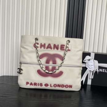 Uubags Chanel Paris London Shopper Tote Bag In Off-White/Red 38x33cm
