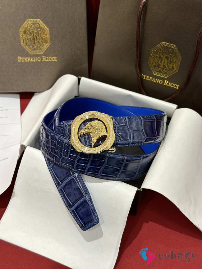Uubags Stefano Ricci polished crocodile leather belt in blue with gold hardware 3.8cm - 1