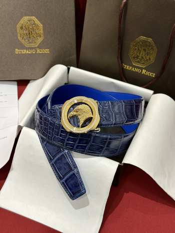 Uubags Stefano Ricci polished crocodile leather belt in blue with gold hardware 3.8cm