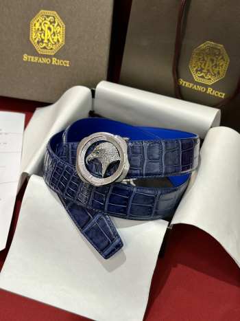 Uubags Stefano Ricci polished crocodile leather belt in blue with silver hardware 3.8cm