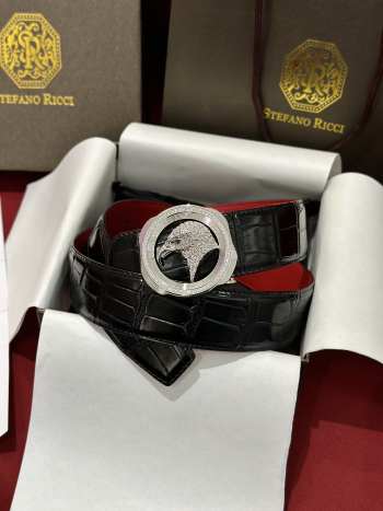 Uubags Stefano Ricci polished crocodile leather belt in black with silver hardware 3.8cm