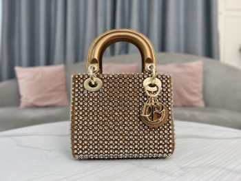 Uubags Dior Mini Lady Bag Square-Pattern Embroidery Set with Strass and White Round Beads 17x15x7cm