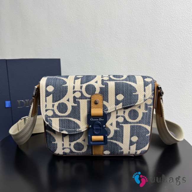 Uubags Dior Saddle Messenger Bag Oblique Denim with Brown Grained Calfskin Blue and Beige Raffia-Effect 24x16.5x5.5cm - 1